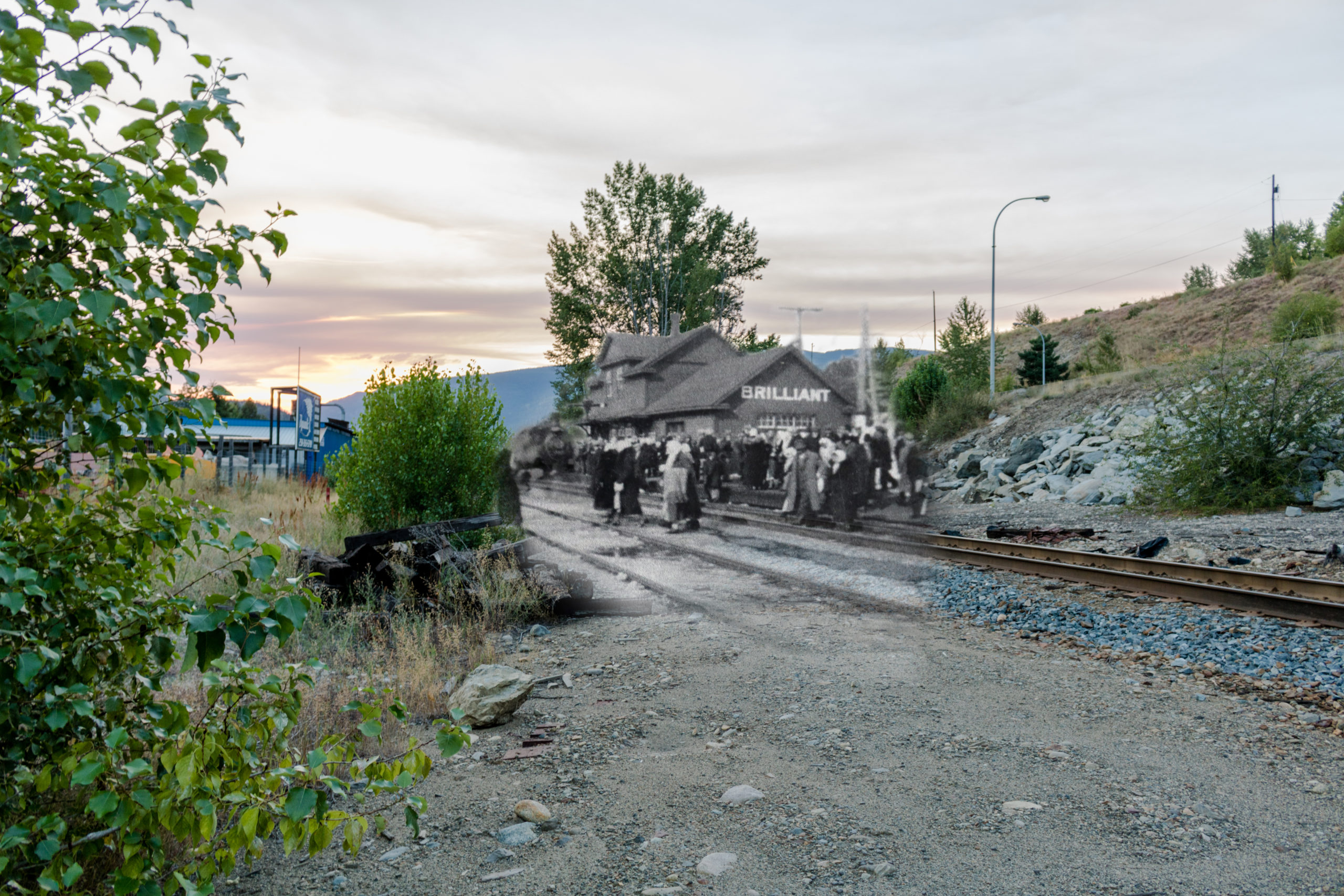 A crossfade showing a historical image of the Brilliant train station imposed onto a modern image of the area